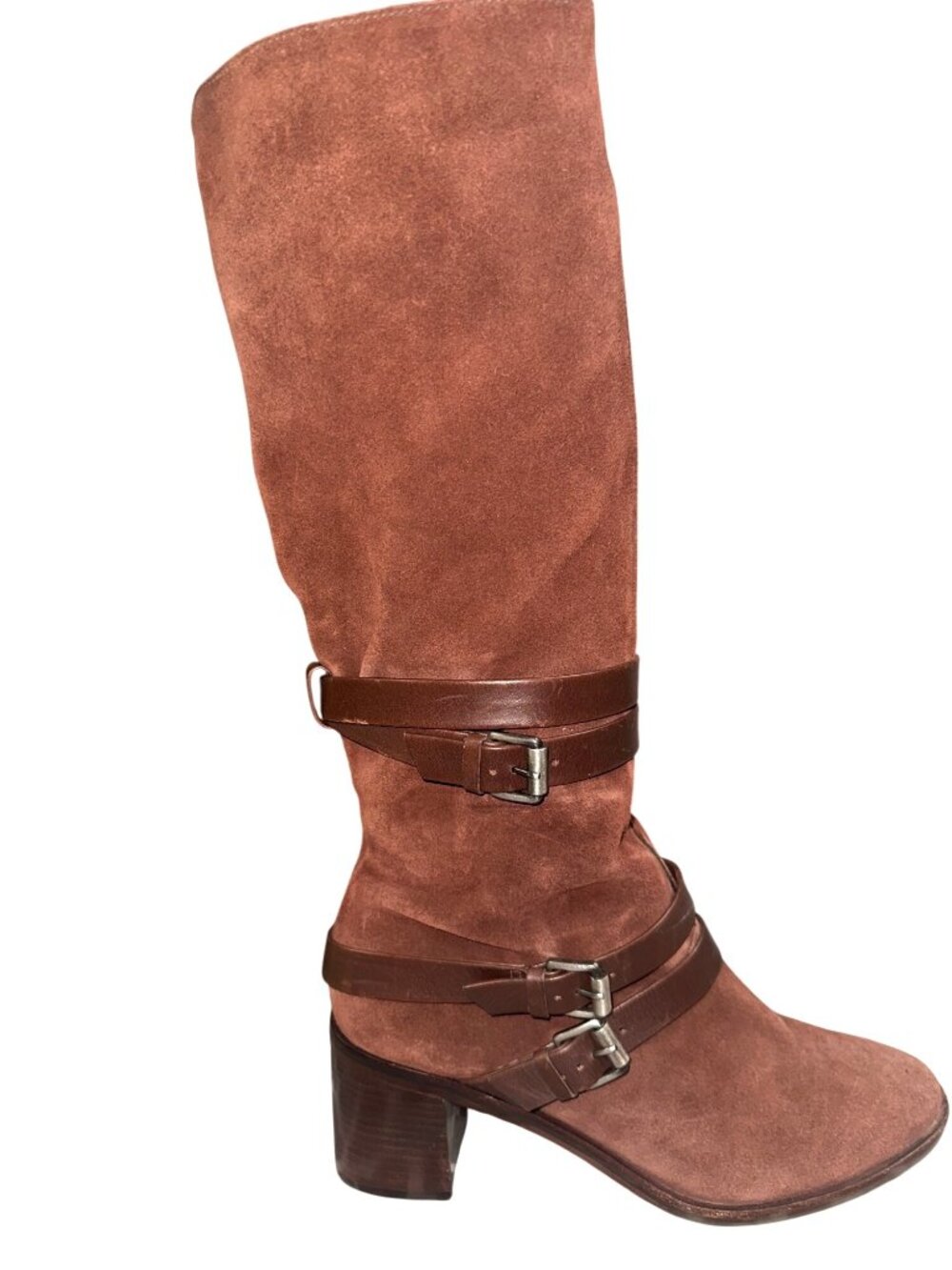 Bernardo Bennie Size 9M Brown Suede Leather Harness Buckle Moto Knee High Boots